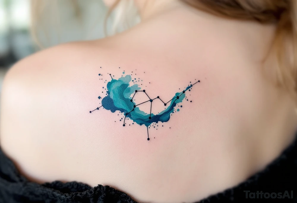 A fine-line Capricorn constellation emerging from a splash of deep teal and midnight blue ink. tattoo idea
