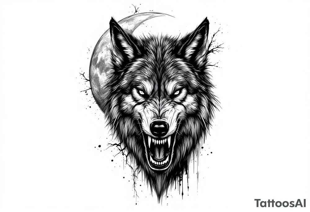 Realistic wolf head snarling with moon background tattoo idea