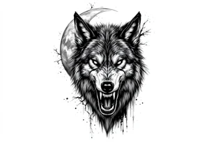 Realistic wolf head snarling with moon background tattoo idea