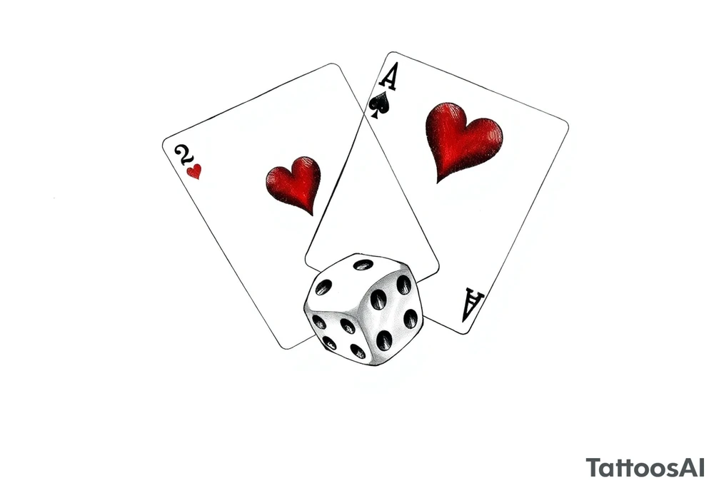 2 of hearts and 4 of hearts playing cards on top of a dice tattoo idea