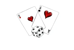 2 of hearts and 4 of hearts playing cards on top of a dice tattoo idea