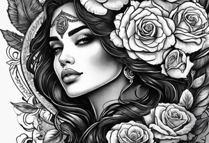 Hispanic/ Latin  woman  with half skull,  roses, loving heART, strength,  cancer zodiac sign  , time heals all tattoo idea
