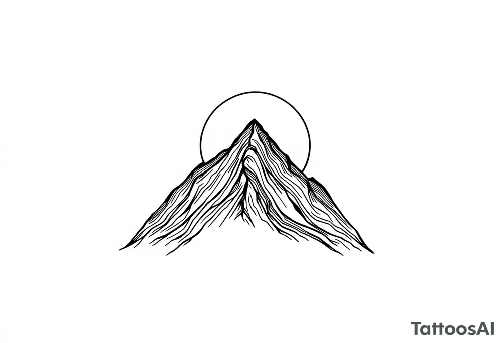 A sleek, triangular mountain outline with smooth, thin lines. Behind the peak, a perfectly symmetrical half-circle sun rises, partially hidden by the mountain’s base. The sun’s curve aligns seamlessly with the mountain, creating balance and flow. There is no shading—just pure, clean lines to keep the design minimalist. tattoo idea