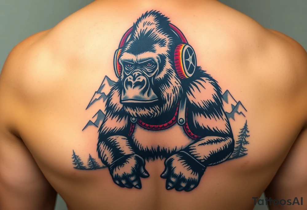 Silverback gorilla wearing amateur wrestling shoes, earmuffs, and an singlet for a match as a person would. The surrounding area is mountainous jungle tattoo idea