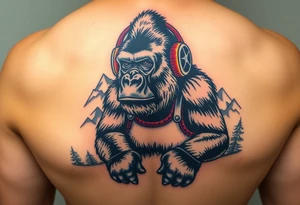 Silverback gorilla wearing amateur wrestling shoes, earmuffs, and an singlet for a match as a person would. The surrounding area is mountainous jungle tattoo idea