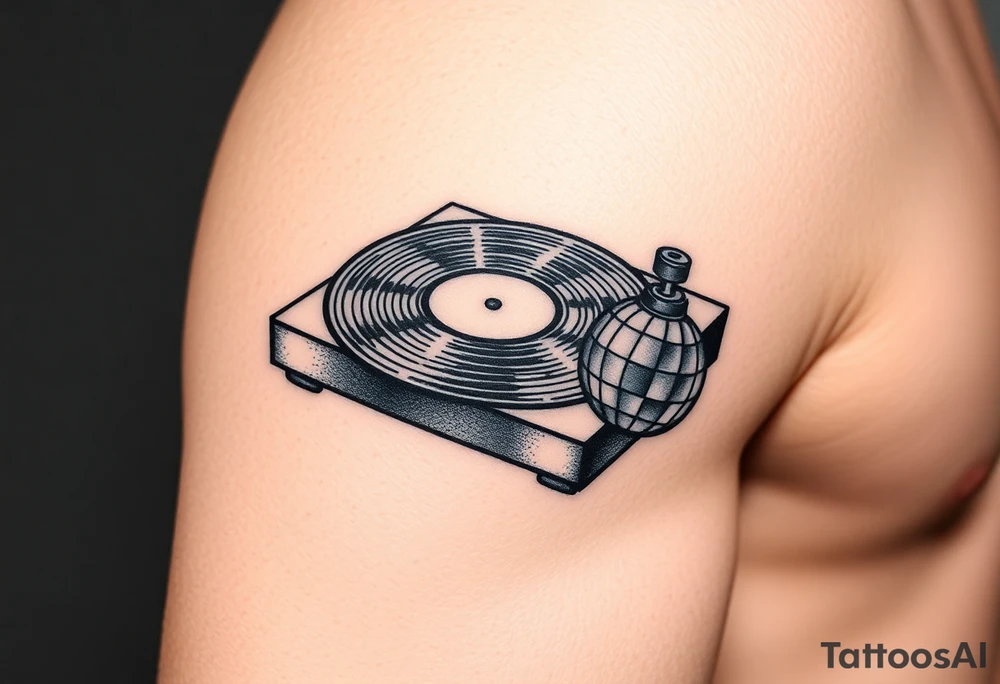 vinyl record player with a smaller disco ball to the side of it tattoo idea