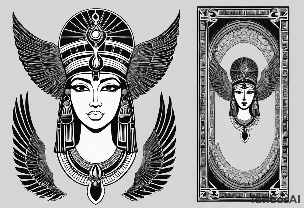 blank and white Egyptian goddess Isis, who is often depicted as a woman with outstretched wings, holding an ankh (a symbol of life) in one hand and a lotus flower in the other. Her headdress often includes a throne or a solar disk. The tattoo design can vary in style and size, but it typically aims to capture the essence of this revered Egyptian deity, emphasizing her beauty, power, and maternal qualities. The choice of colors and additional elements can also be customized to create a unique and visually striking representation of the goddess Isis tattoo idea