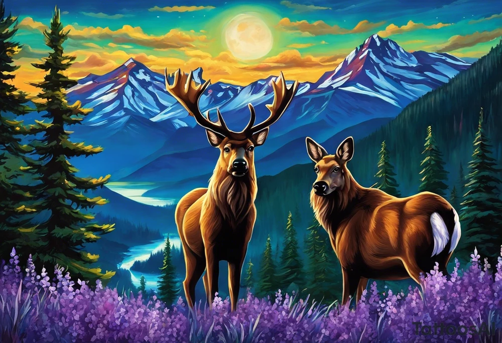 I'm trying to find a DESIGN for a tattoo to memorialize my late mom. 
Her name is Robin. She loved mountains, wildlife (mooses, birds etc) and dogs. Her favorite colors were kobalt blue, purple and green. She was very creative and had an eye for design. Favorite song was Rocky mountain high. She loved plants and flowers too. 
I'd like the design to  be black outline, a stand alone image with no background. 4×10 inches tattoo idea