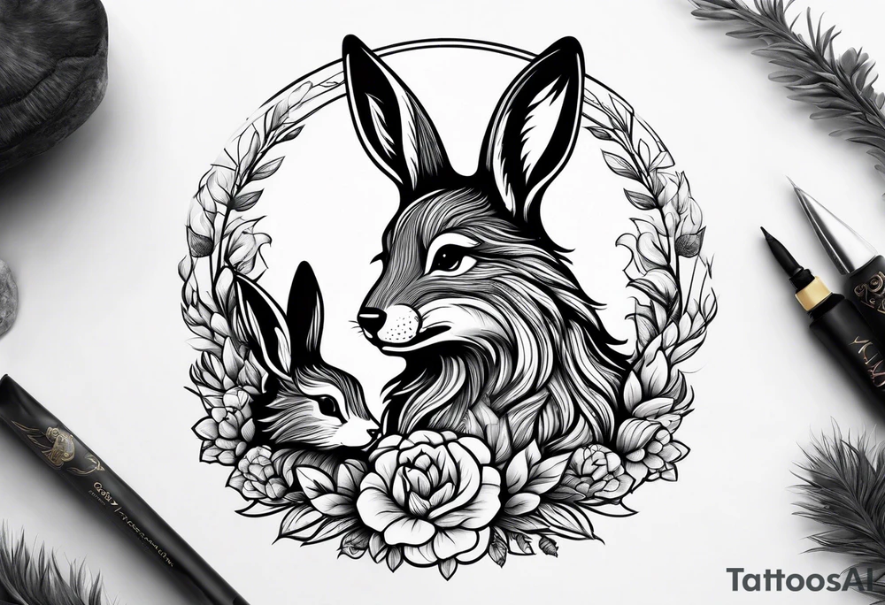 Mum and baby bunny protected by wolf tattoo idea