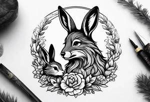 Mum and baby bunny protected by wolf tattoo idea