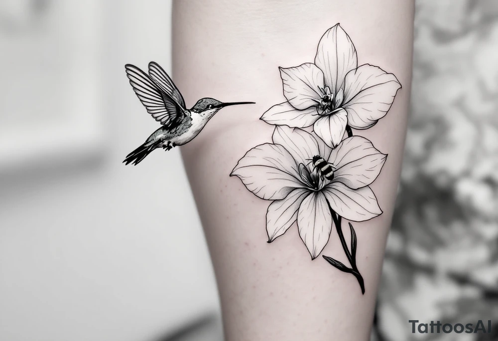 A delicate, black and white fine-line tattoo for male, featuring gracefully detailed 2 orchids in full bloom including their stems, with soft, intricate petals and elegant curves. Beside it, a hummingbird hovers mid-flight, its wings drawn with subtle motion lines, its slender beak reaching toward the orchid’s center to drink its nectar. on the other flower there is a bee that is resting tattoo idea
