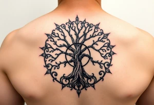 yggadrisl tree of life with circle. Jai , Phoebe, Imogen, Matilda in the circle tattoo idea
