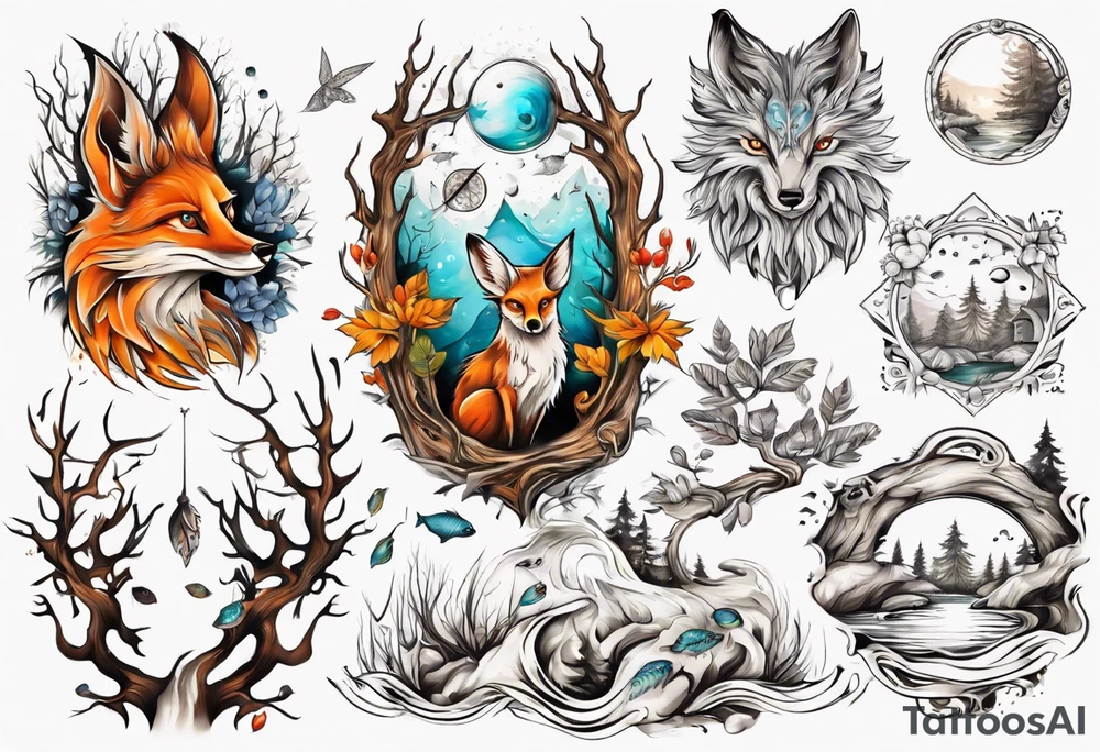 sonne, eule  wald, fuchs 
baum, sapere aude, Wasser, fisch tattoo idea