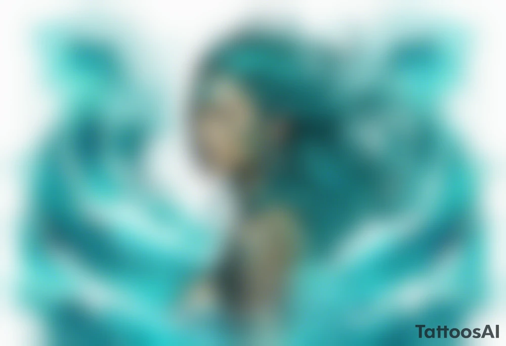 a turquoise Na'vi woman standing in the sea surrounded by crashing waves tattoo idea