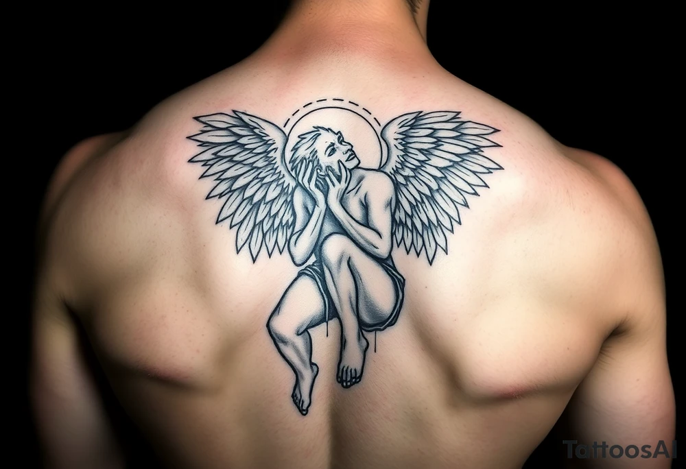 Buff Fallen angel on his knees tattoo idea