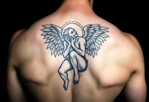 Buff Fallen angel on his knees tattoo idea
