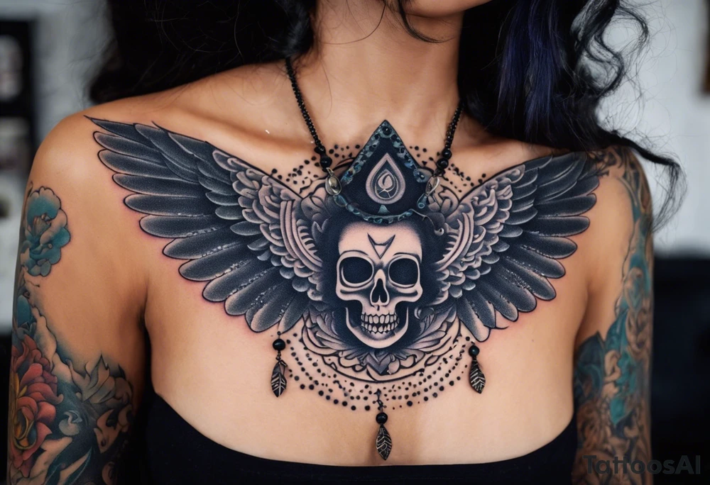 black kali, goddess pirate, alien, angel, pachamama, valkrye, warrior, flying, skull, lotus azul, wing, eagle, zenza resonance, stars, 5D, anahata chakra, death, durga, riding on a tiger, flying lady, chest tatoo tattoo idea