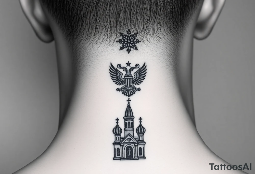 Stacked Vertical Column 

Russian star — small, bold
Middle: Miniature double-headed eagle — simplified, cleaner lines to suit the smaller space
Bottom: Orthodox church dome(s) with a small Virgin Mary silhouette beneath tattoo idea