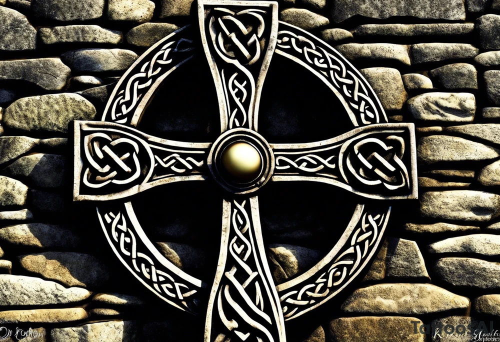 A stone Celtic cross, weathered and worn by the passage of time, standing resolutely at the base of a ruined stone wall. The cross is adorned with intricate Celtic knotwork, bearing witness to the craftsmanship of long-lost artisans. A raven, its ebony feathers shining in the dim light, perches on the arms of the cross, its head cocked to the side as it regards the desolate scene before it. The wall, once towering and majestic, now lies in ruin, its stones scattered haphazardly across the overgrown earth. Vines and creepers have woven themselves through the cracks and crevices, adding a touch of eerie greenery to the otherwise melancholic atmosphere. A gentle breeze rustles through the leaves, causing the raven to shift uneasily on its perch, as if it were the wind's way of whispering secrets long forgotten. The sky above is a somber shade of gray, heavy with the weight of impending rain, mirroring the solemn mood of the scene. tattoo idea
