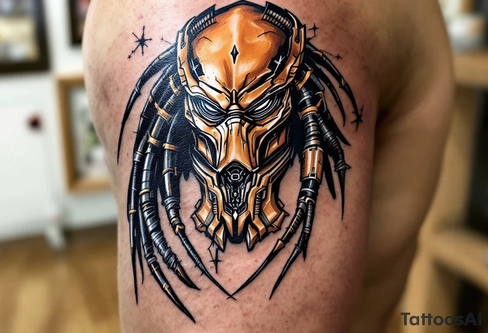 Fugitive Predator – A rogue Yautja from The Predator (2018), featuring bronze skin, modernized armor with gold accents, and a sleek bio-mask with an integrated AI targeting system. It seeks to warn humanity of a greater threat. tattoo idea
