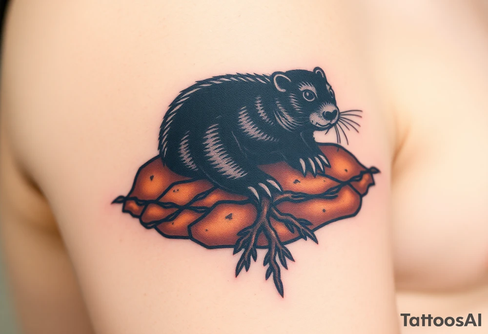 A black mole emerging from the earth, with rich brown soil textures and tiny roots, symbolizing perseverance and hidden strength tattoo idea