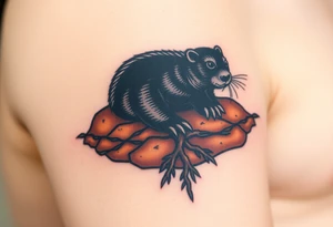 A black mole emerging from the earth, with rich brown soil textures and tiny roots, symbolizing perseverance and hidden strength tattoo idea