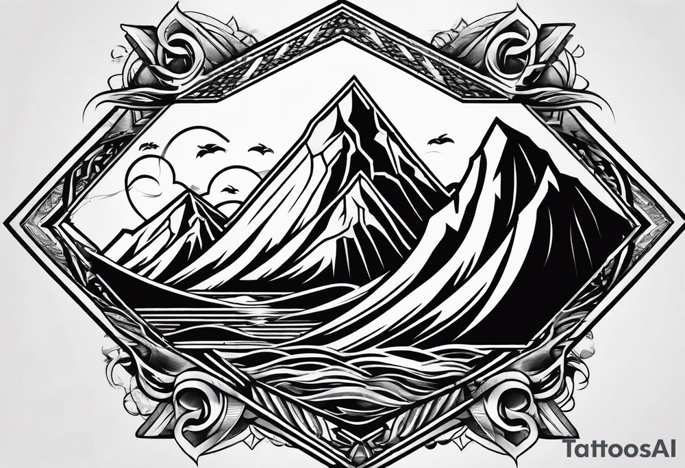Mountains and ocean waves crashing diamond shape tattoo idea