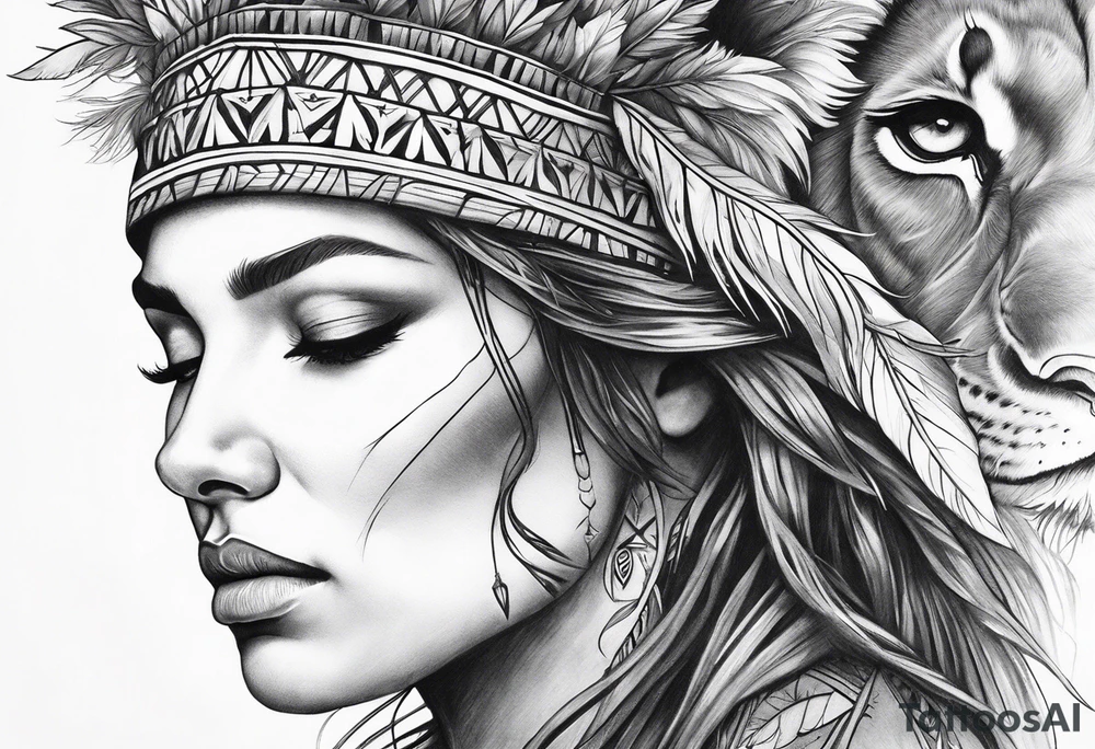 Native american Forest goddess looking down side profile  tree branches forming into her face male lions head facing her as to protect her middle arm sleeve tattoo idea