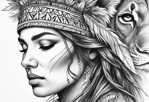 Native american Forest goddess looking down side profile  tree branches forming into her face male lions head facing her as to protect her middle arm sleeve tattoo idea