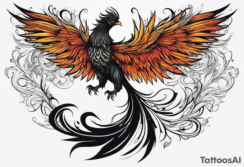 A majestic fire phoenix, rising powerfully with its wings spread wide and feathers flowing, representing rebirth and resilience. The phoenix is detailed with intricate feathers, creating a sense of movement and vitality. The design is bold, with deep shading and texture that adds dimension and intensity to its form. tattoo idea