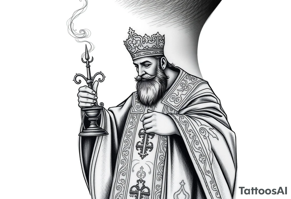 A Russian Orthodox Priest in full gold vestments swinging a censer with smoke curling upward 

The ornate robes give incredible fine line detail
The incense smoke could flow and connect to other elements
It ties directly into the church and Virgin Mary you already have
Very culturally authentic to the overall theme tattoo idea