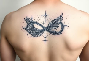 infinity symbol woven with floating feathers and stardust tattoo idea