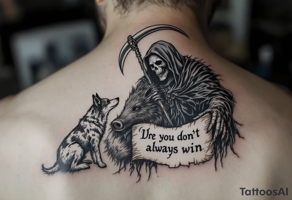 Grim reaper looking down on a hunting dog with a big feral boar while holding a scythe and scroll. The scroll has the words “You dont always win” written on it tattoo idea