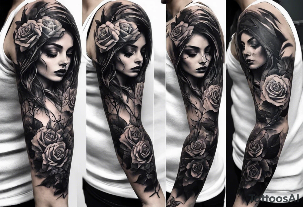 A sleeve tattoo whose elements seem to be connected into one story. Elements on the tattoo: a skull with a rose sticking out of the eye, plants, a girl’s face turning into roots, a destroyed old chain, a broken sword, a butterfly and you can add some connecting elements tattoo idea