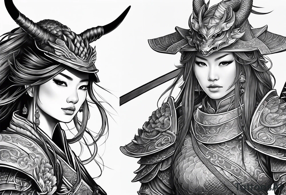 head to toe full body female warrior in samurai suit and dragon companion tattoo idea