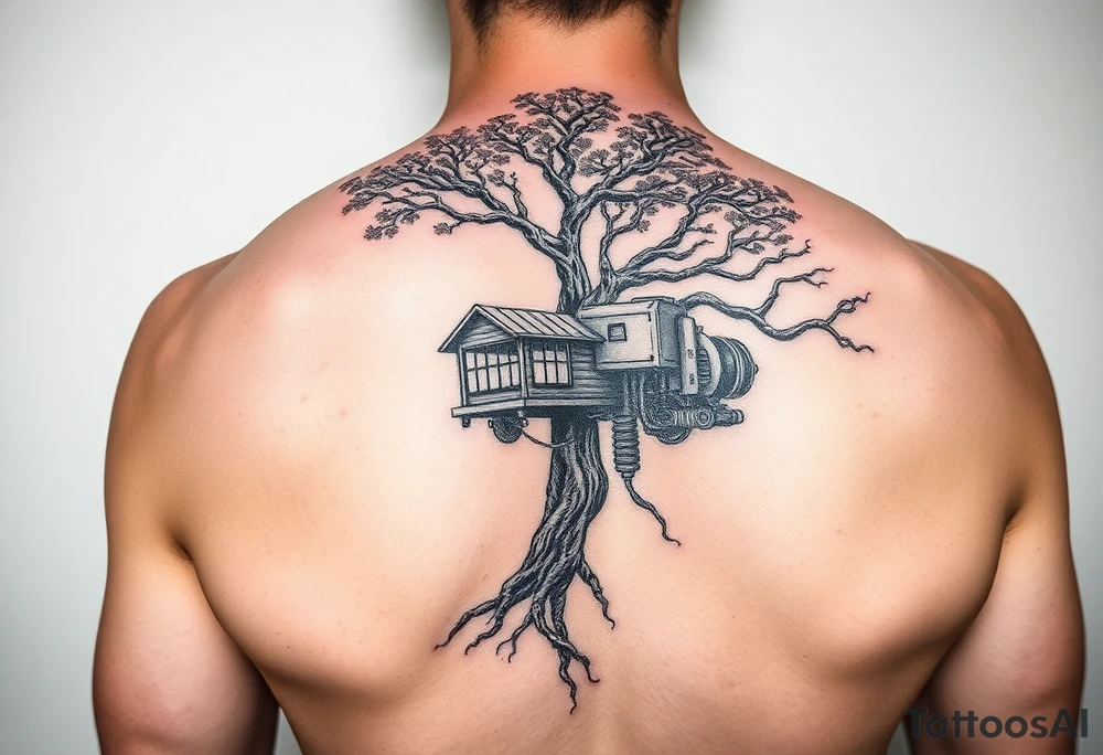 tree grown into an engine steam punk floating through the sky, machine is a home and a flying machine 
in color tattoo idea