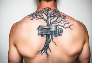 tree grown into an engine steam punk floating through the sky, machine is a home and a flying machine 
in color tattoo idea