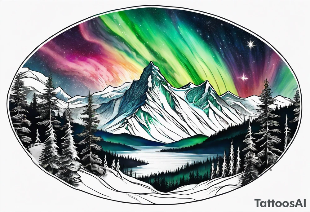 northern lights mountain circle shaped tattoo idea