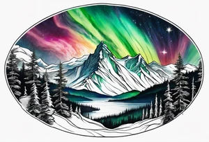 northern lights mountain circle shaped tattoo idea