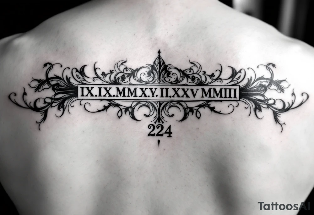 Roman numeral dates (IX.IX.MM and II.XXV.MMIII) in a balanced and symmetrical layout, along with the number 224 tattoo idea