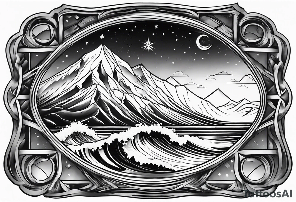 a diamond window with waves crashing on a mountain. 3 stars in the sky tattoo idea