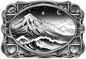 a diamond window with waves crashing on a mountain. 3 stars in the sky tattoo idea