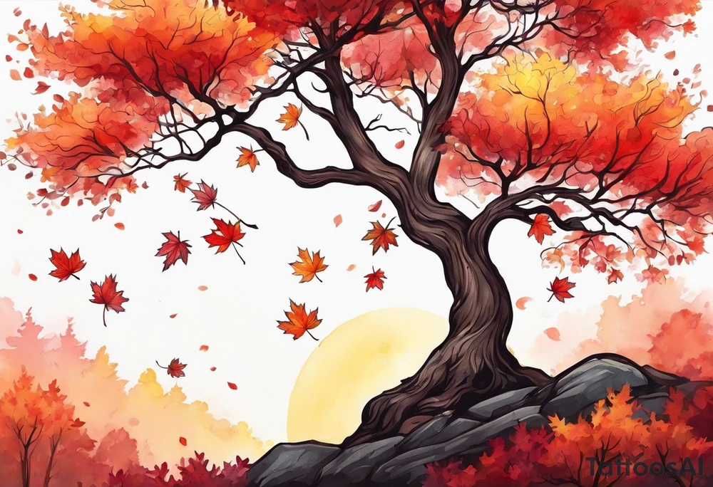 full left arm. Long tattoo A maple tree with red autumn leaves that branches upwards. White-throated dipper bird on the trees branches. Calluna flowers at the base of the trees stem. Tree stem has dark colors. Red/yellow sunset behind the trees stem. Leaves falling. tattoo idea