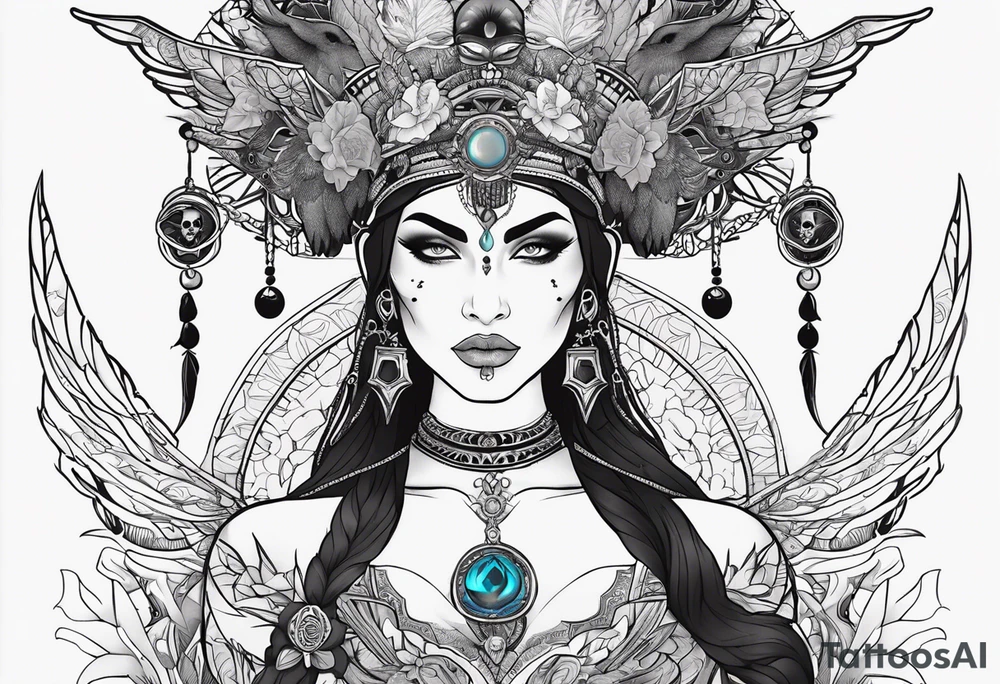 kali ma, alien goddess, valkrye, aries, pirate, divine feminine, zenza resonance, pachamama, lotus azul, blank panther, eagle, skull, 5D, nueva gaya, dna 12, left side chest tatoo tattoo idea
