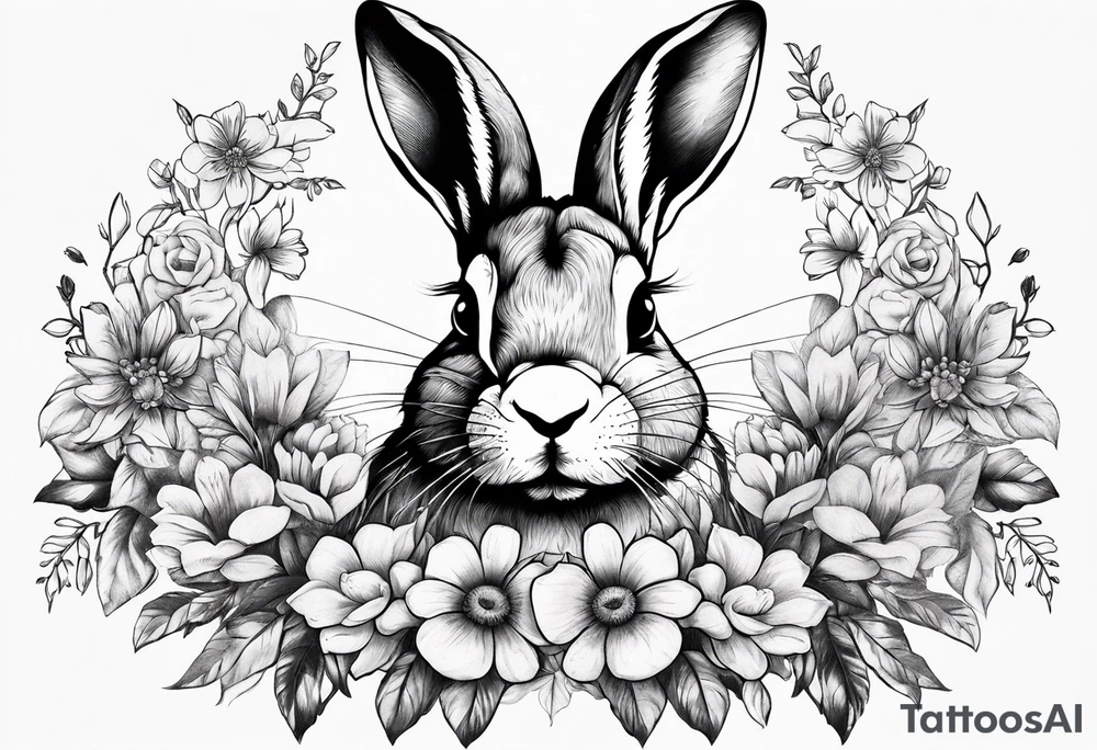Rabbit head with flowers around it tattoo idea