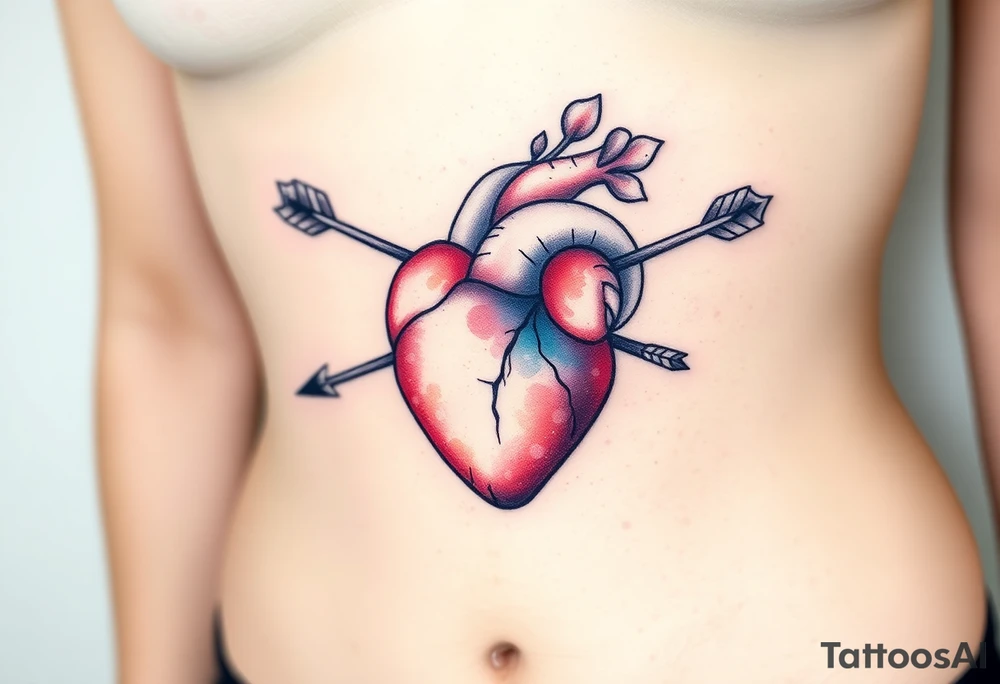 anatomical heart pierced by ornate arrow with flowing ribbons tattoo idea