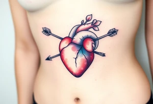 anatomical heart pierced by ornate arrow with flowing ribbons tattoo idea