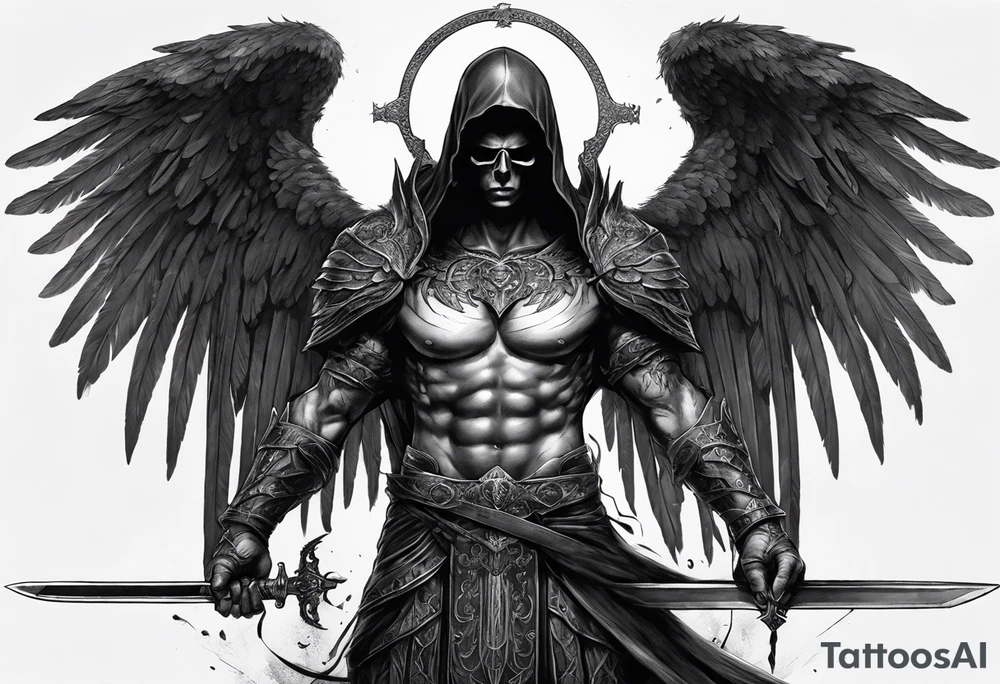 realistic full body of black angel of death, no face, face is not visible, with wings holding one sword in both hands, the sword is held edge toward the ground tattoo idea