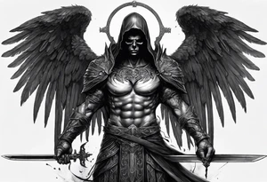 realistic full body of black angel of death, no face, face is not visible, with wings holding one sword in both hands, the sword is held edge toward the ground tattoo idea