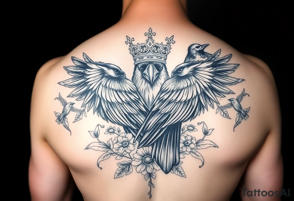 powerful majestic ravens with a crown, surrounded by floral ornaments and birds tattoo idea